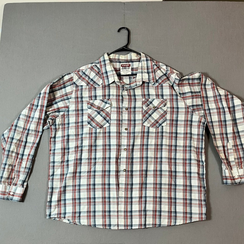 Wrangler Jeans Co Pearl Snap Shirt 3XL Cotton Blend Red White Blue Plaid EUC